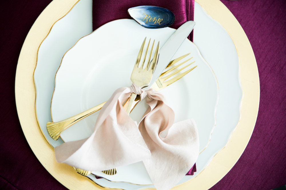 Ruby and Gold Placesetting. Howerton+Wooten Events.