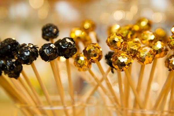 Black and Gold Sequin Swizzle Sticks. Howerton+Wooten Events.
