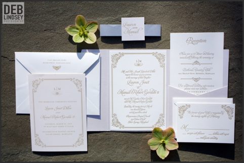 White and Gold Letterpress Invitation. Howerton+Wooten Events.