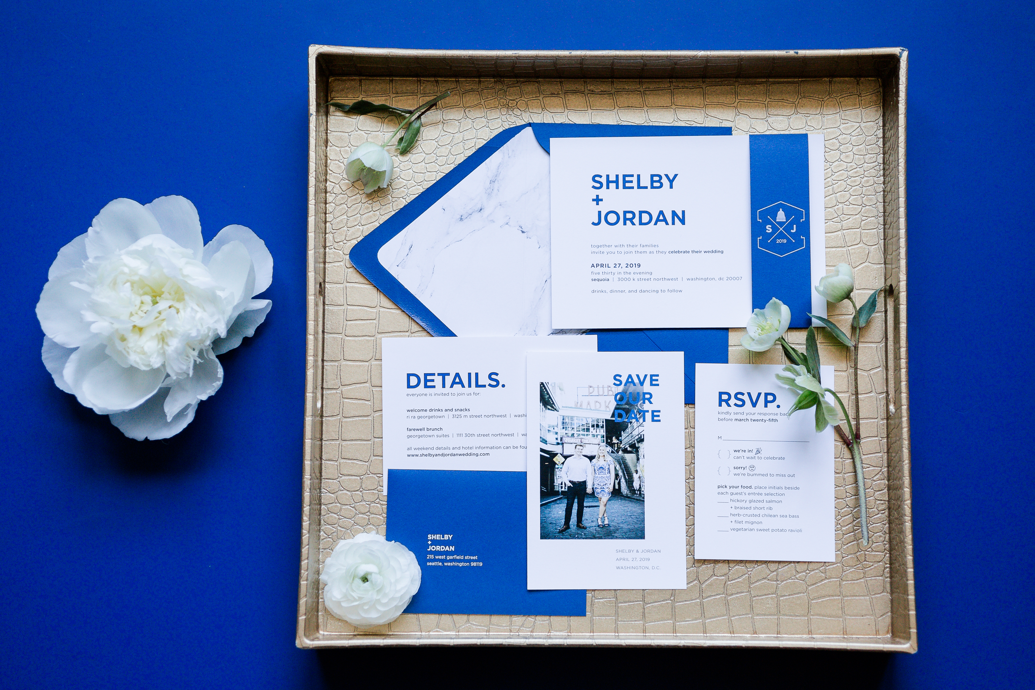 Blue and White Wedding Invitation on a Gold Tray. Howerton+Wooten Events.