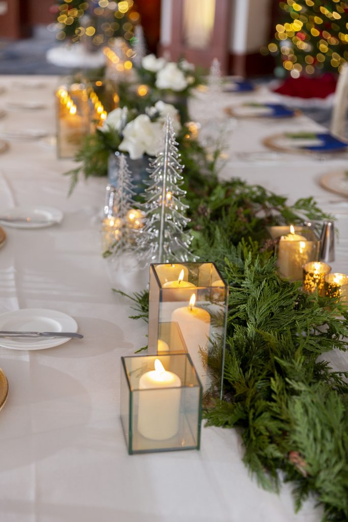 Green Garland and Acrylic Trees. Howerton+Wooten Events.